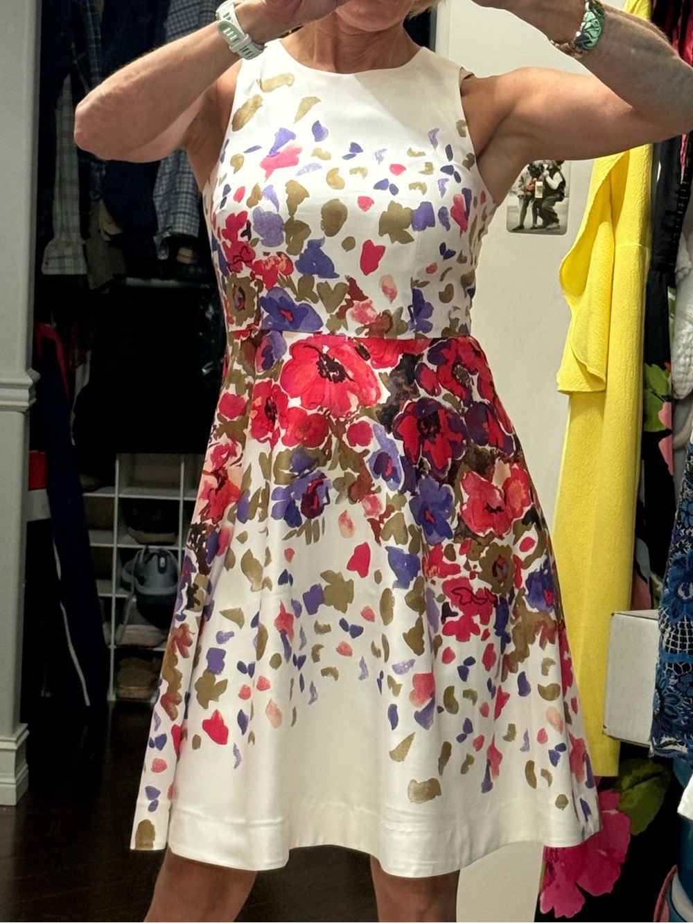 Donna Morgan White Floral Fit-and-Flare Mini Dress with Pink and Purple Blooms - Picture 3 of 7